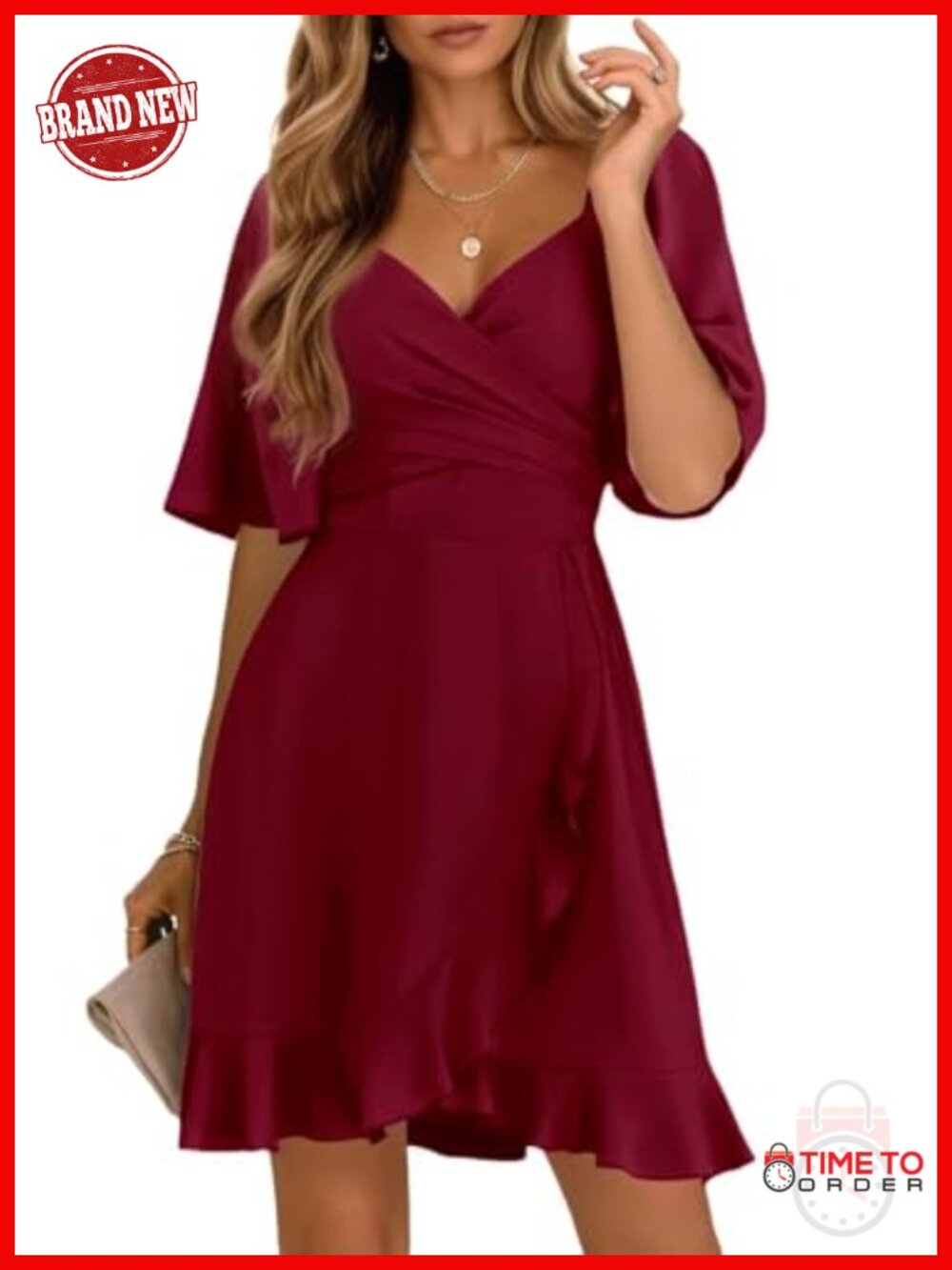 Women's Wrap V Neck Smocked Tiered Mini Dress Short Flared Sleeve